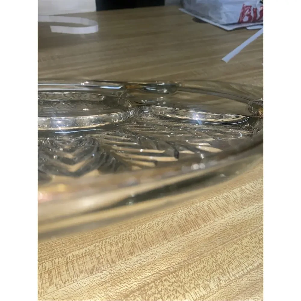 Jeanette Feather Gold Trim 5 Section Handled Relish Tray Clear Glass Platter
